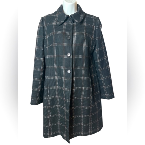 Ann Taylor LOFT Black Long Wool Peacoat White Pink Checkered Stitching Sz 6 - Picture 1 of 10